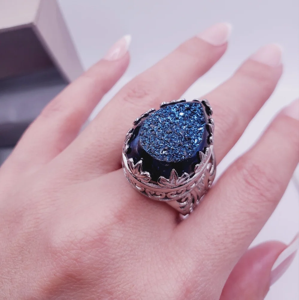 Pear Shaped Blue Druzy Scroll Design Statement Ring